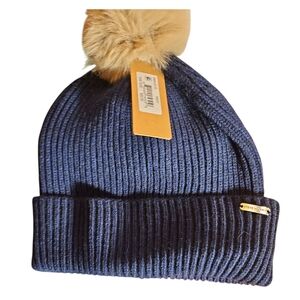 Steve Madden Navy Knit Beanie with Tan Pom-Pom